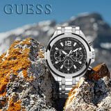 Guess Surge Chronograph Black Dial Silver Steel Strap Watch for Men - W1258G1
