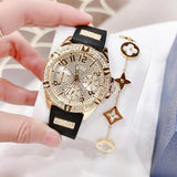 Guess Frontier Diamonds Gold Dial Black Rubber Strap Watch For Women - W1160L1