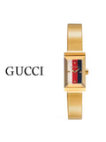 Gucci G Frame Quartz Diamonds White Red Blue Dial Gold Mesh Bracelet Watch For Women - YA147511