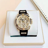 Guess Queen Quartz Gold Dial Black Silicone Strap Watch For Women - GW0536L3