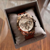 Guess Analog Multifunction White Dial Brown Leather Strap Watch for Men - GW0262G3