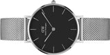 Daniel Wellington Classic Petite Sterling Black Dial Silver Mesh Bracelet Watch For Women - DW00100162