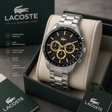 Lacoste Boston Chronograph Black Dial Silver Steel Strap Watch for Men - 2011272