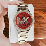 Michael Kors Camille Analog Red Dial Gold Steel Strap Watch For Women - MK7196