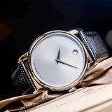 Movado Museum Silver Dial Black Leather Strap Watch For Women - 2100003