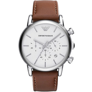 Emporio Armani Luigi Chronograph Silver Dial Brown Leather Strap Watch for Men - AR1846