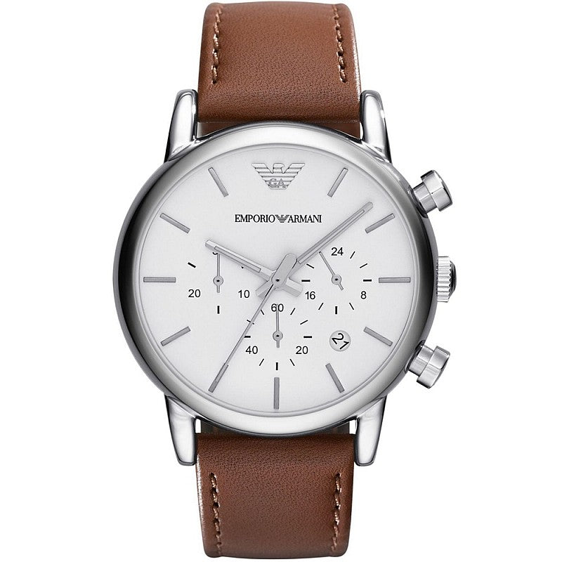 Emporio Armani Luigi Chronograph Silver Dial Brown Leather Strap Watch for Men - AR1846