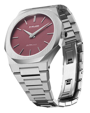 D1 Milano Ultra Thin Bordeaux Red Dial Silver Steel Strap Watch for Unisex - D1-UTBJ11