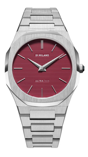 D1 Milano Ultra Thin Bordeaux Red Dial Silver Steel Strap Watch for Unisex - D1-UTBJ11