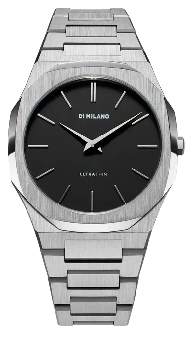 D1 Milano Ultra Thin Matte Black Dial Silver Steel Strap Watch for Men - D1-UTBJ40