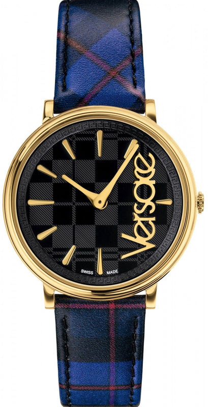 Versace V-Circle Black Dial Blue Leather Strap Watch for Women - VE8100218