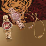 Michael Kors Camille Analog Red Dial Gold Steel Strap Watch For Women - MK7196