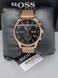 Hugo Boss Associate Black Dial Rose Gold Mesh Bracelet Watch for Men - 1513806