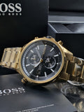 Hugo Boss Globetrotter Chronograph Black Dial Gold Steel Strap Watch for Men - 1513932
