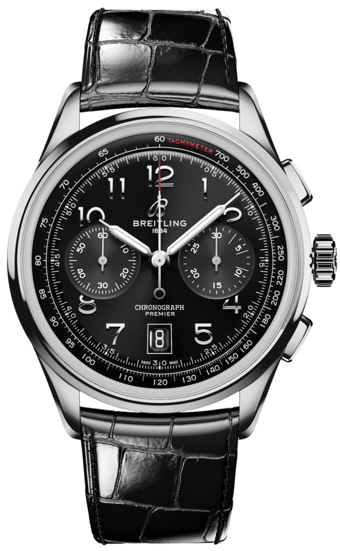 Breitling Premier B01 Chronograph 42 Black Dial Black Leather Strap Watch for Men - AB0145221B1P1