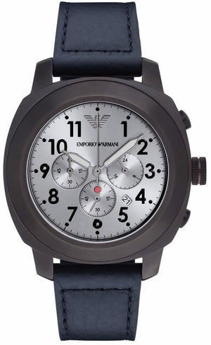 Emporio Armani Sportivo Chronograph Silver Dial Blue Leather Strap Watch for Men - AR6086