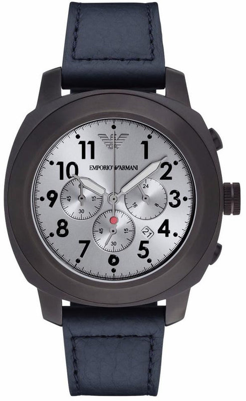 Emporio Armani Sportivo Chronograph Silver Dial Blue Leather Strap Watch for Men - AR6086