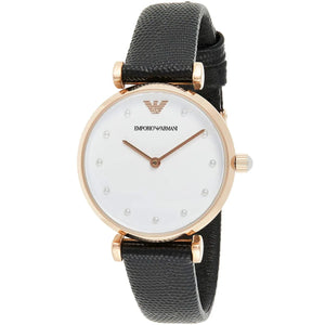 Emporio Armani Gianni T-Bar White Dial Black Leather Strap Watch for Women - AR11270