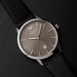 Emporio Armani Ruggero Grey Dial Black Leather Strap Watch for Men  - AR11277