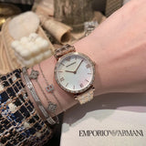Emporio Armani Gianni T-Bar Mother of Pearl White Dial Two Tone Steel Watch for Women - AR11294