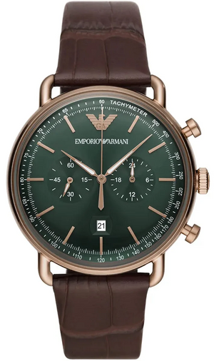 Emporio Armani Aviator Green Dial Brown Leather Strap Watch for Men - AR11334