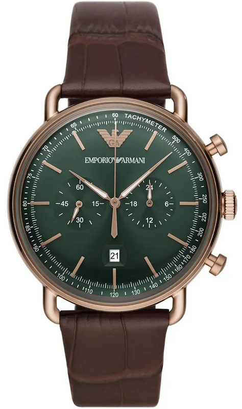 Emporio Armani Aviator Green Dial Brown Leather Strap Watch for Men - AR11334