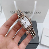 Emporio Armani Gianni T Bar Quartz Crystals White Dial Rose Gold Steel Strap Watch For Women - AR11406
