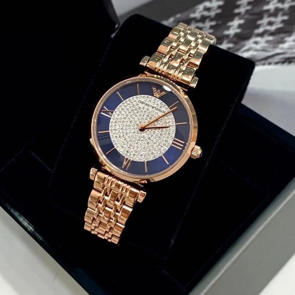 Emporio Armani Gianni T-Bar Quartz Crystals Black Dial Gold Steel Strap Watch For Women - AR11423