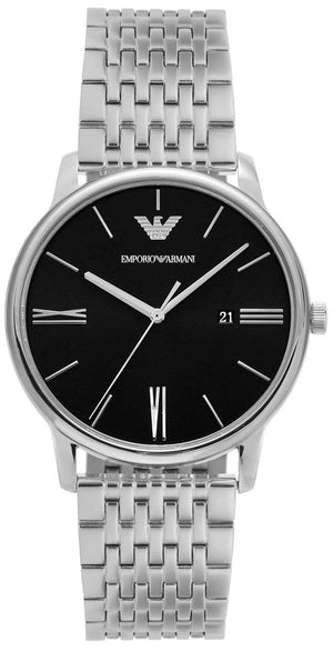 Emporio Armani Minimalist Black Dial Silver Steel Strap Watch for Men - AR11600