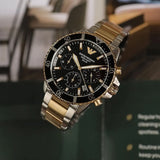 Emporio Armani World Explorer Solar Powered Chronograph Black Dial Two Tone Steel Strap Watch for Men - AR11680