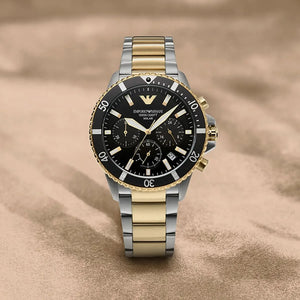 Emporio Armani World Explorer Solar Powered Chronograph Black Dial Two Tone Steel Strap Watch for Men - AR11680