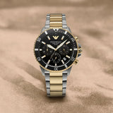 Emporio Armani World Explorer Solar Powered Chronograph Black Dial Two Tone Steel Strap Watch for Men - AR11680