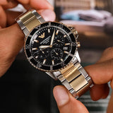 Emporio Armani World Explorer Solar Powered Chronograph Black Dial Two Tone Steel Strap Watch for Men - AR11680