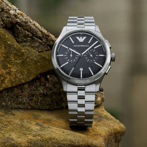 Emporio Armani Ruggero Chronograph Black Dial Silver Steel Strap Watch for Men - AR11691