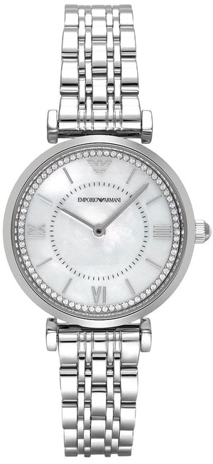 Emporio Armani Gianni T-Bar Mother of Pearl Dial Silver Steel Strap Watch for Women - AR11701