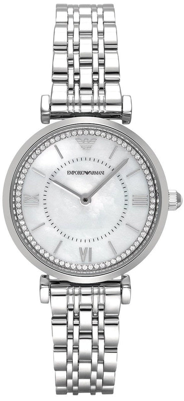 Emporio Armani Gianni T-Bar Mother of Pearl Dial Silver Steel Strap Watch for Women - AR11701