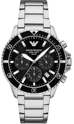 Emporio Armani World Explorer Black Dial Silver Steel Strap Watch for Men - AR11739