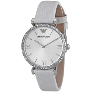 Emporio Armani Gianni T-Bar Silver Dial White Leather Strap Watch for Women - AR1680