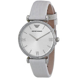 Emporio Armani Gianni T-Bar Silver Dial White Leather Strap Watch for Women - AR1680