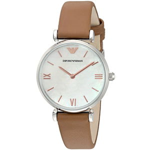 Emporio Armani Gianni T-Bar White Dial Brown Leather Strap Watch for Women - AR1988
