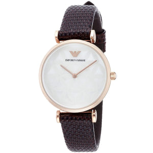 Emporio Armani Gianni T-Bar Silver Dial Brown Leather Strap Watch for Women - AR1990