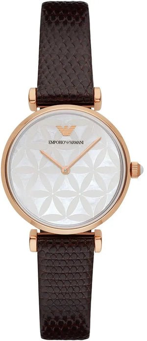 Emporio Armani Gianni T-Bar Silver Dial Brown Leather Strap Watch for Women - AR1990