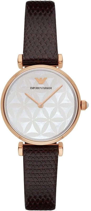 Emporio Armani Gianni T-Bar Silver Dial Brown Leather Strap Watch for Women - AR1990