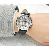 Emporio Armani Renato Chronograph Silver Dial Black Leather Strap Watch for Men - AR2436