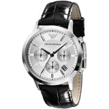 Emporio Armani Renato Chronograph Silver Dial Black Leather Strap Watch for Men - AR2436