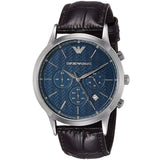 Emporio Armani Renato Chronograph Blue Dial Black Leather Strap Watch for Men  - AR2494