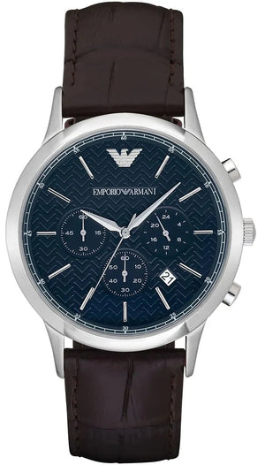Emporio Armani Renato Chronograph Blue Dial Black Leather Strap Watch for Men  - AR2494