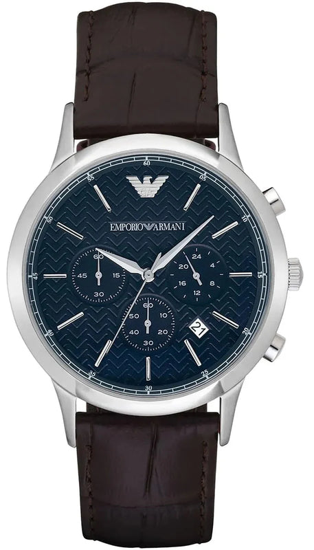 Emporio Armani Renato Chronograph Blue Dial Black Leather Strap Watch for Men  - AR2494