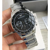 Emporio Armani Tazio Chronograph Black Dial Silver Steel Strap Watch for Men - AR5980