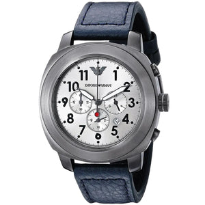 Emporio Armani Sportivo Chronograph Silver Dial Blue Leather Strap Watch for Men - AR6086